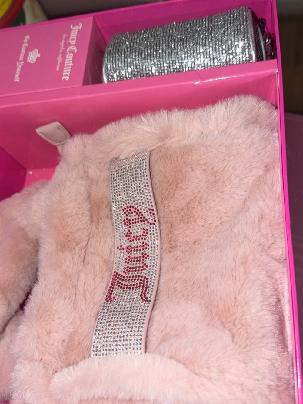 Juicy Couture Pink Faux Fur Kids Shoulder Bag with Crystal Logo Strap